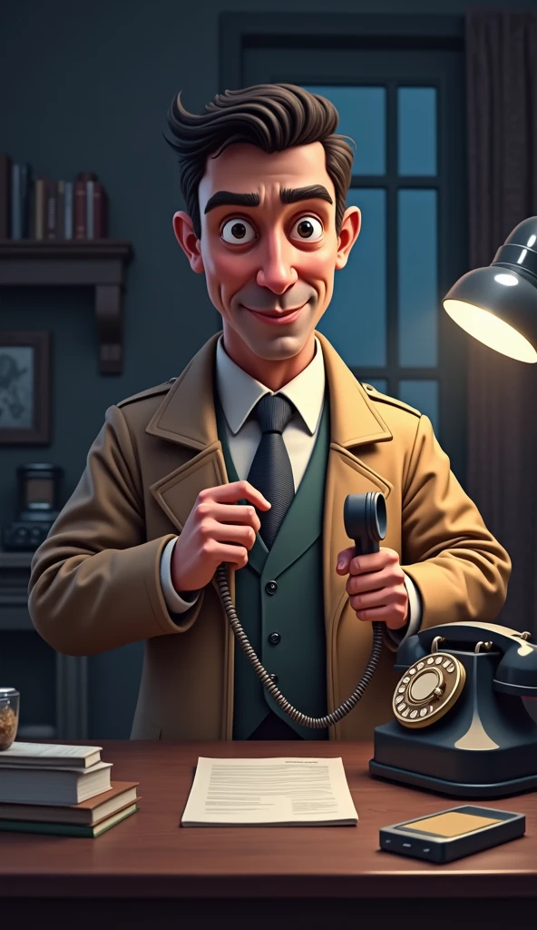 Inspector Cristiano is holding a vintage phone, with a surprised and curious look on his face. His oversized head tilts slightly, and his barely holds the phone. (Detective with a big head and tiny body holding a vintage phone, surprised expression, exaggerated cartoon style).