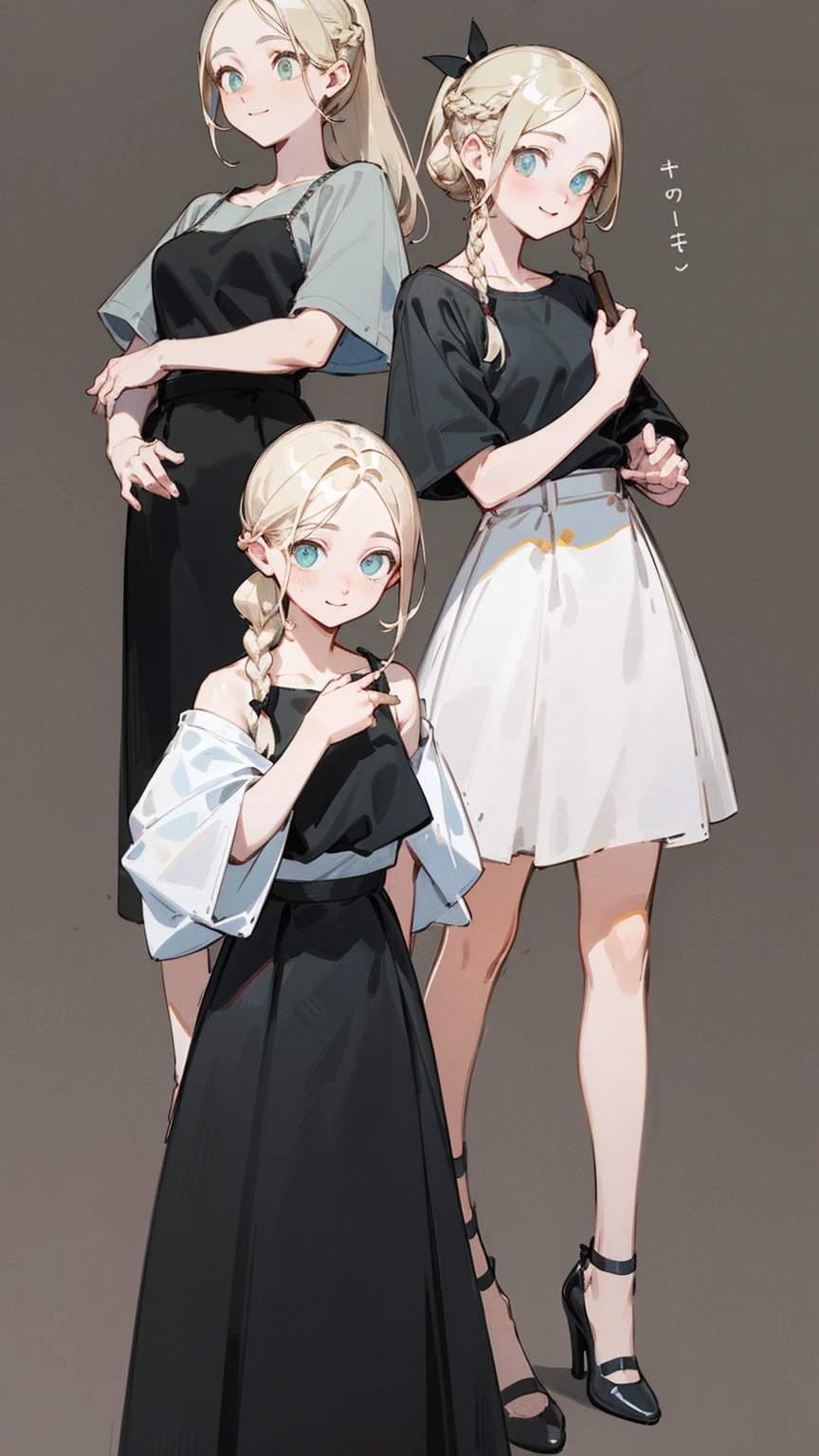 (masterpiece), ((Highest quality)), (Very detailed), (Beautiful eyes Beautiful details Eyes, Clean and delicate face), (whole body, Standing posture), Single braided blonde ponytail, Parted bangs, amount, smile, Wearing a white short-sleeved T-shirt, Layerable black camisole long dress, pumps, Simple color background