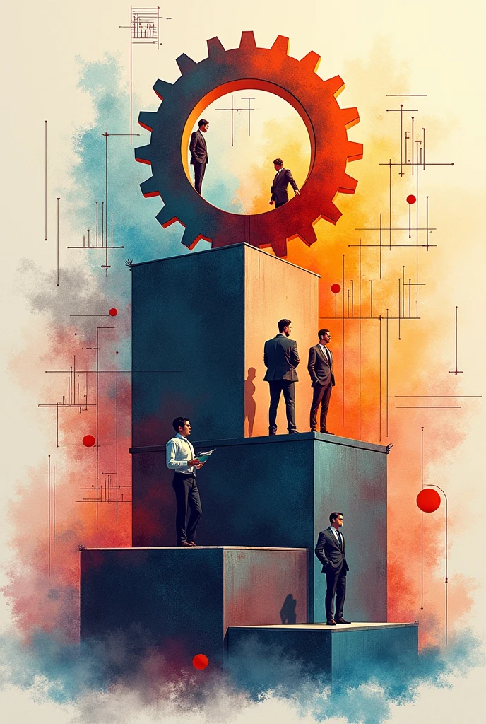 Create a large, circular gear in the middle, towards the top of the image, and a three-dimensional rectangle. Currency has graph lines. There are many images of businessmen. Using watercolor and mixed media Use bright colors The light source is in the upper right corner. --ar 2:3