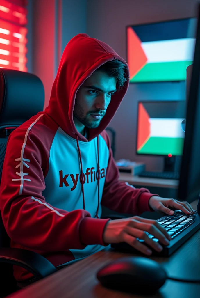 A HACKER WEARING A RED AND WHITE HOODIE WITH WRITING "KYYOFFICIAL" WHILE PLAYING PC GAMING AND PLAYING TERMUX AND WITH A GAMING ROOM BACKGROUND WITH A PALESTINIAN FLAG MOTIF