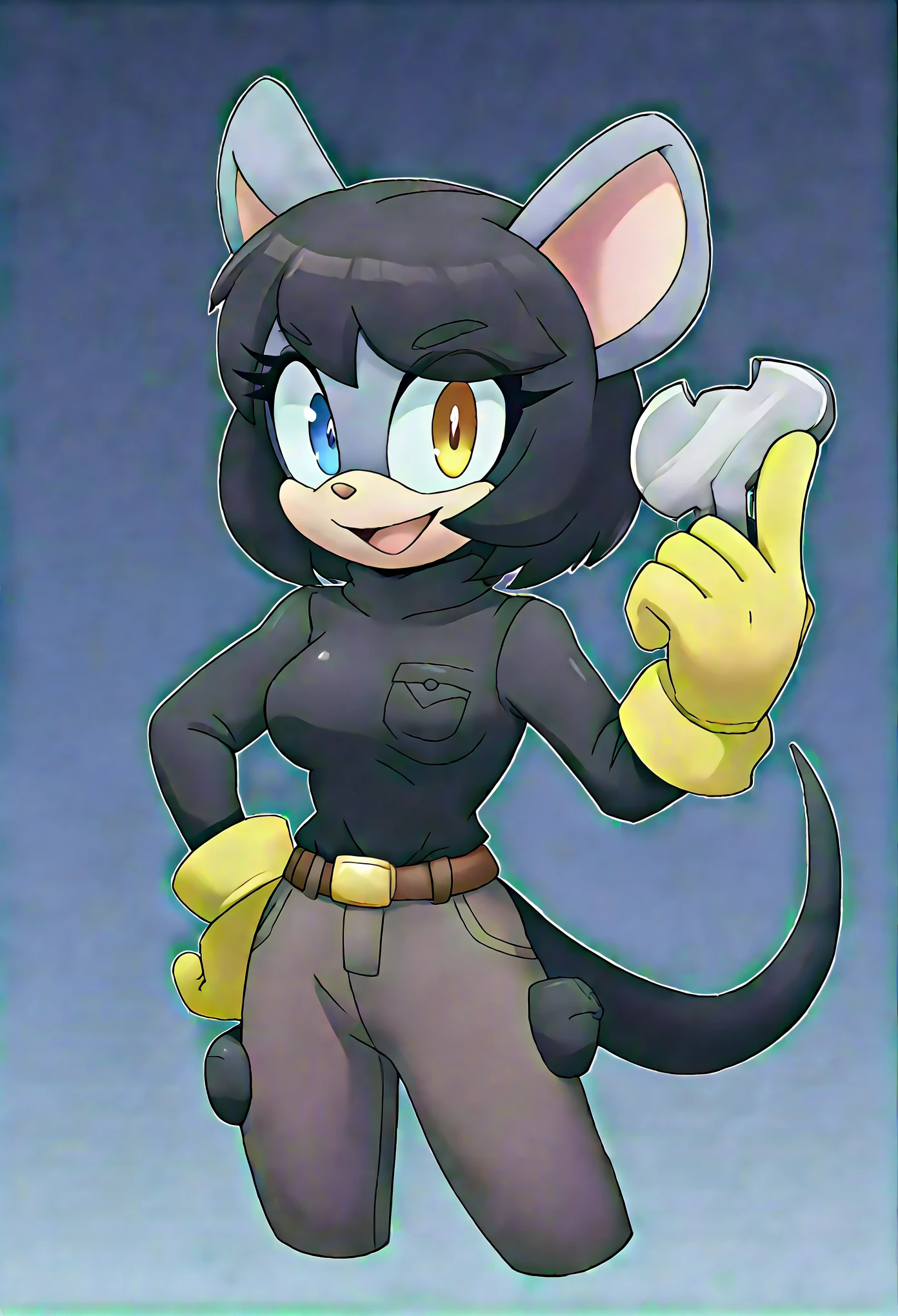 1girl, tail, gloves, solo, jumpsuit, heterochromic eyes, Prismatic Eyes animal ears, hand on own hip, smile, open mouth, breasts, furry female, belt, furry, looking at viewer, Holding a wrench,  pocket, arm up, outline, mouse ears, mouse tail, white outline, black hair, short hair, mobian, mobius city, happy, yellow gloves, grey gloves, mouse girl, medium breasts, shirt, animal nose, :d, cropped legs, standing, brown belt