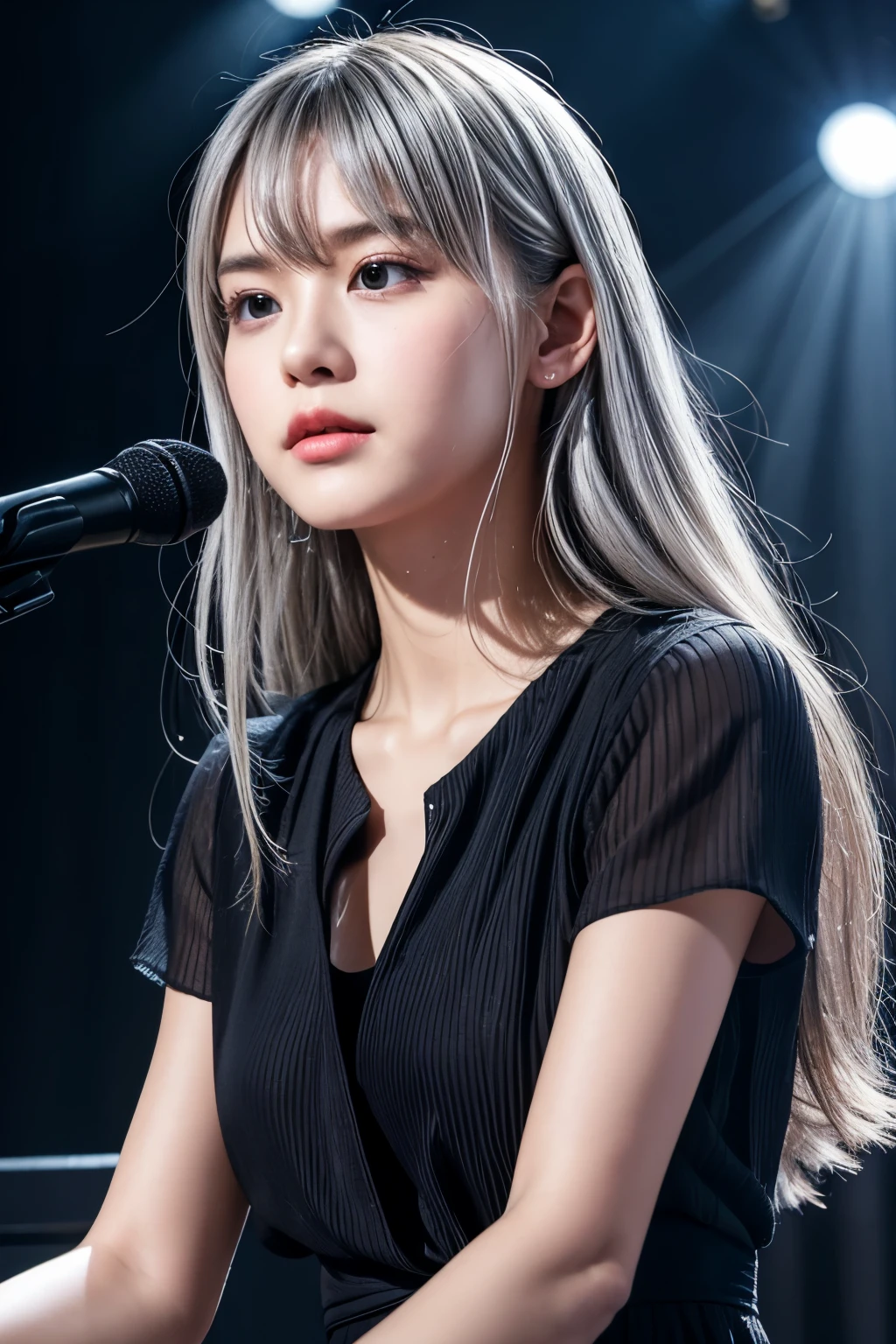 realistic, on the stage of the concert, playing the piano emotinally, brightly lit by spotlights on the stage, extremely bright lighting, wearing black dress, very long bright gray hair, hair is blowing in the wind, hair is shaggy and dishevelled, beautiful white-colored translucent skin, sweat splashes, slendar figure, flat chest, no makeup, small nose, smooth shaped jawline, glossy face, heavy flushed cheeks, with a sad expression, serious look, no smile, close up shot