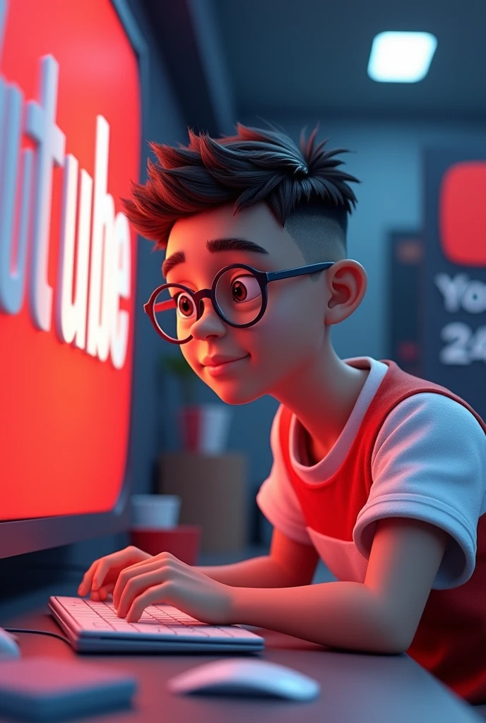 Create a 3D illustration featuring a realistic 2 beautiful Indian realistic boy busy Developing software in front of a 3D logo of “YouTube” The boy wearing Red & white casual Shirts, with glasses , Undercut hair style, The background of the image should showcase a social media profile page and the username “YASH” and a matching profile picture and modify it according to your perspective.