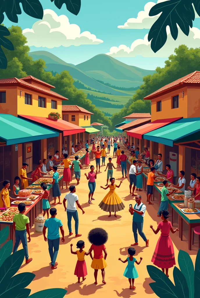 Create a cartoon about gastronomy, culture and music of Afro-descendants in Colombia.