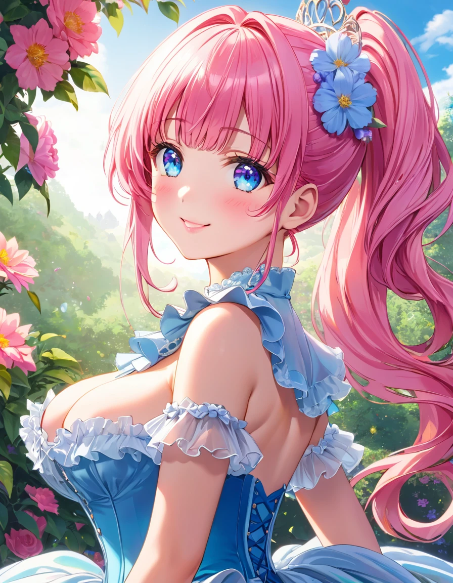 ((Extremely detailed depiction, Super detailed, Exquisite quality, Ultra-high resolution)), (upper body:1.5), ((A transparent gown)), ((A Rococo Victorian gown featuring a voluminous, huge, full-length hoop skirt and a long hem, Princess style skirt))), (Glorious reflection, prism, pure white), ((A skirt with complex multi-layered frills)), (((ソロの若いprincess))), Ultra-detailed and detailed face, Very cute face, Cute Smile, (((Pink Hair, ponytail))), Fluffy and smooth curly hair, Expressive hair, Super voluminous long hair, (Blunt bangs, princess_cut), Huge breasts, Cleavage, (Focus on the face:1.5), (((head tilt, looking at viewer, from side view:1.7))), (from above:0.5), Super detailedな肌, Skin Dentition, Eyes Blue Eyes, (((Perfect Anatomy))), Colorful flowers in full bloom, (((Surrounded by lots of flowers))), Depth of written boundary, Particle Effects, Caustics, reality, textile shading,