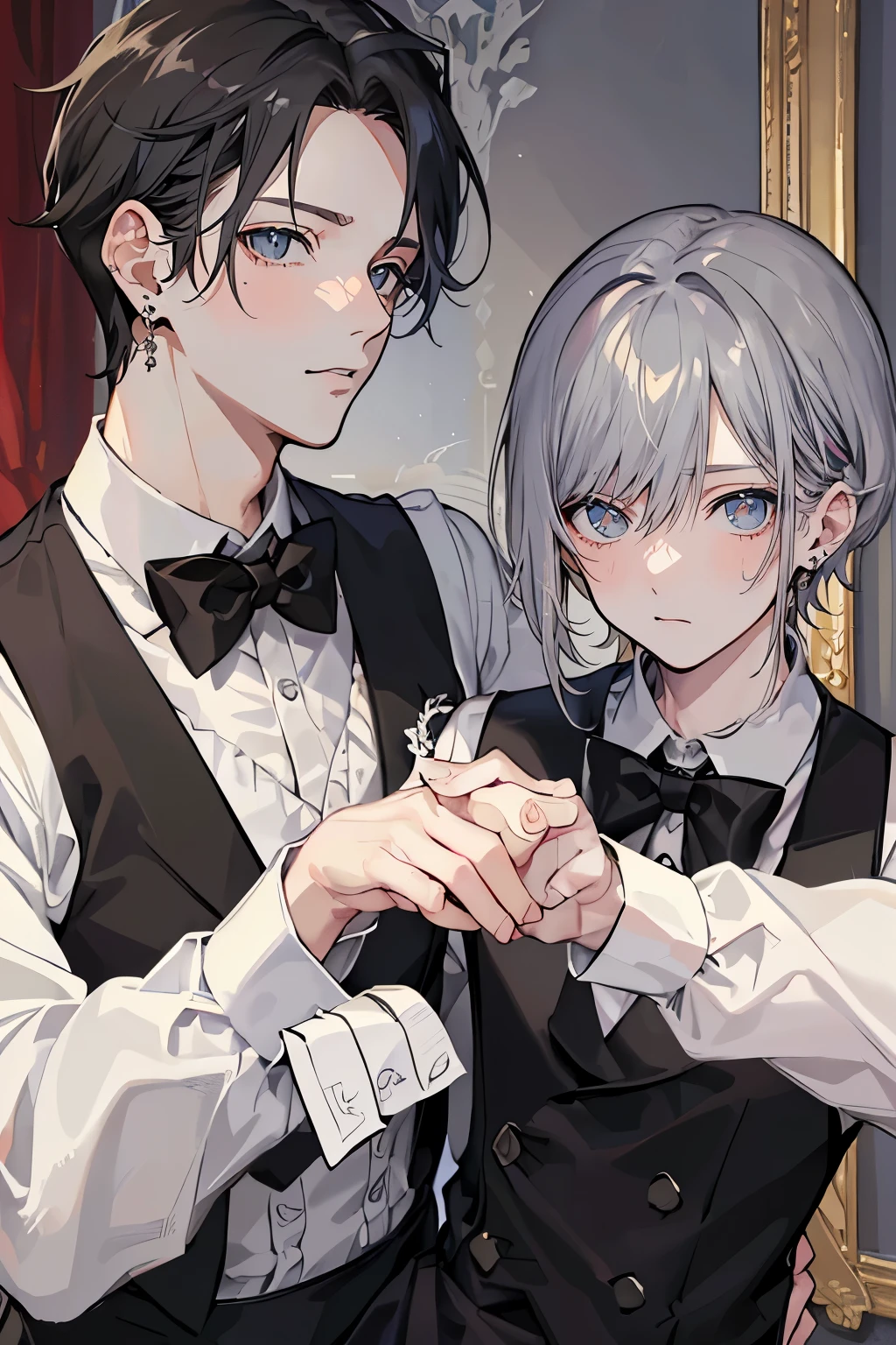 (Mastepiece)、(Best Quality)、Very detailed、((Two butlers:1.5))、Perfect Face、Beautiful Face、Very detailedな顔、(Black-haired man:1.3)、(Grey-haired man:1.3)、Deacon's uniform、Monocle