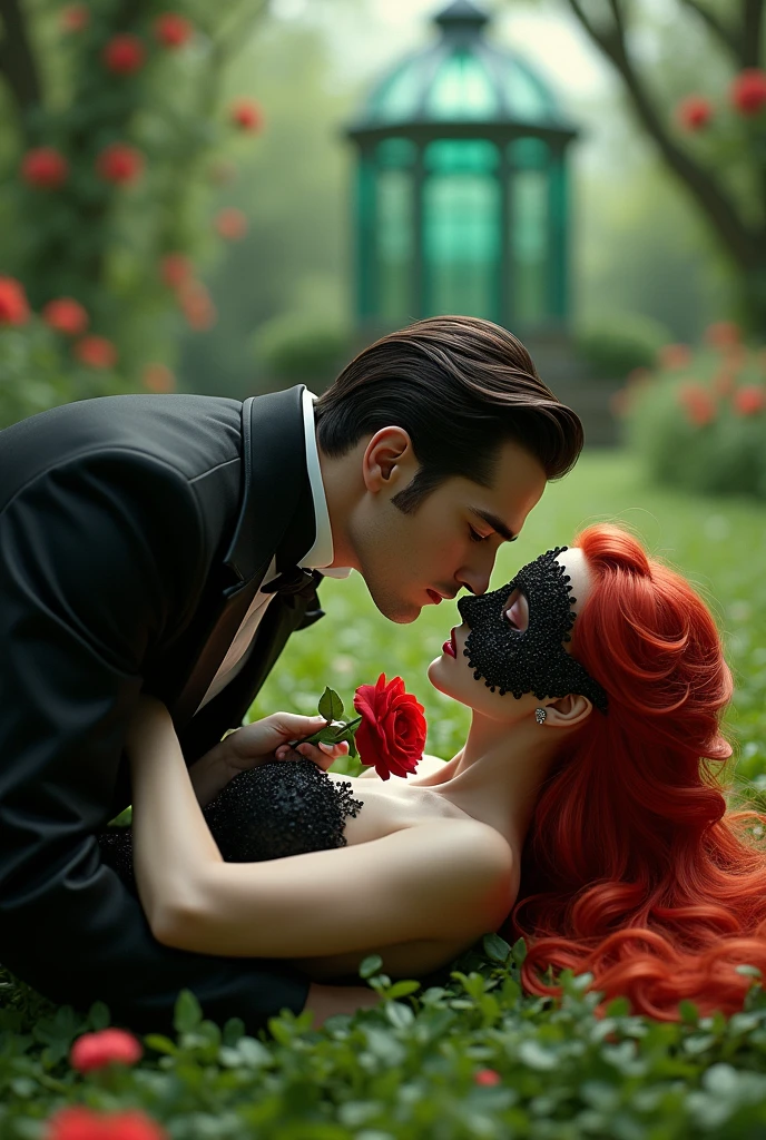In a lush and green environment with flowers, two people - a prince and a princess are lying down, The princess has red hair and a mask.The prince was white and very handsome, and was giving a red rose to the princess, The prince is white-skinned and handsome., and they lie on the ground, The prince has WHITE SKIN, AND THEY ARE LYING ON THE FLOOR THE PRINCESS HAS A MASK ON HER FACE THE PRINCE'S SKIN SHOULD BE WHITE !!
The surroundings are green and there is a green house in the back and it is very beautiful AND THE PRINCESS HAS A MASK MASK !!
The prince is like a devilishly handsome movie character, He has a black fabric prince's dress on and his hair is black.
