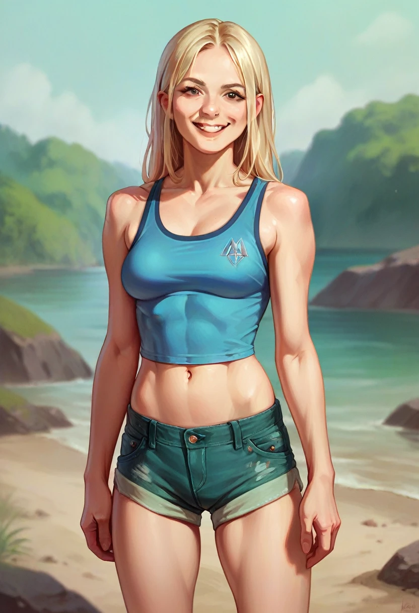 Photorealistic, fullshot, natural blonde woman, 3,  athletic,  confident,  happy, beach setting, graphic rock singlet, cargo shorts, natural pose