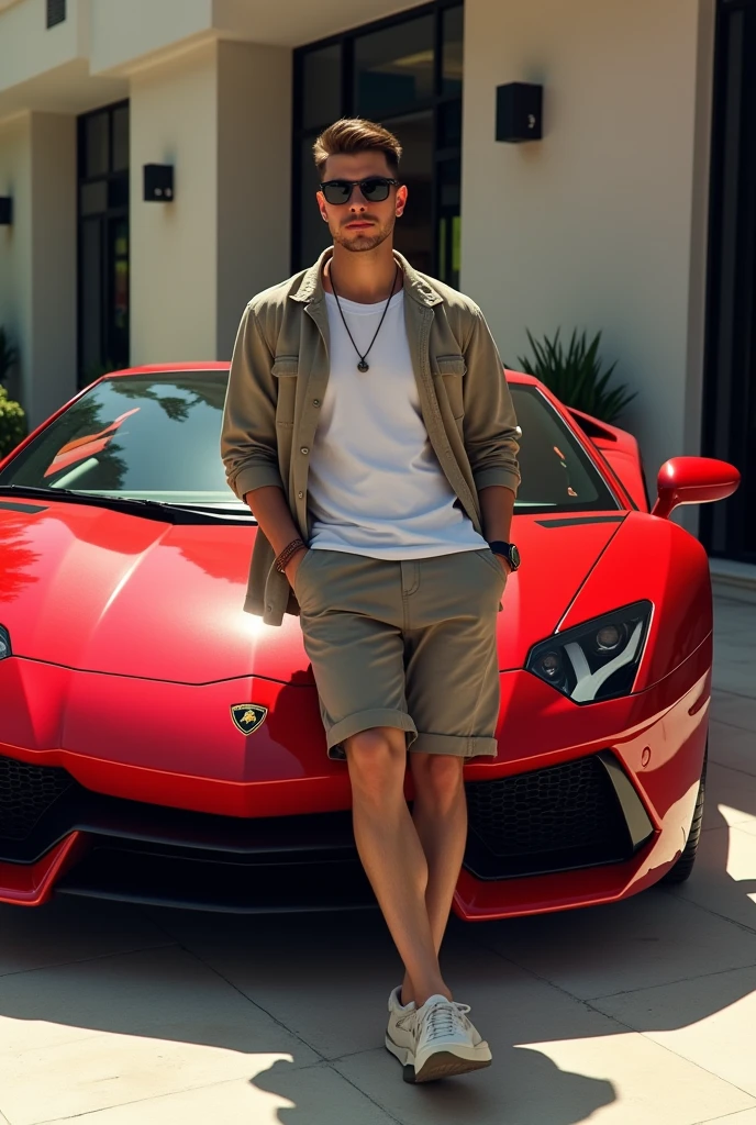 Rich young man sitting Infront of his red Lamborghini wearing short and glass