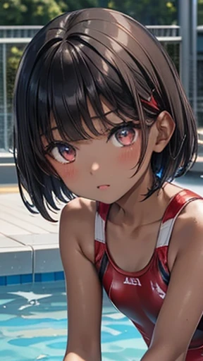 Black Hair、Very Short Hair、Light grey eyes、(Tanned brown skin)、((Dark Skin))、Flat Chest、thin、small、()、(Red bangs hairpin)、((Red swimsuit))、Outdoor,Pool、swimming、crawl