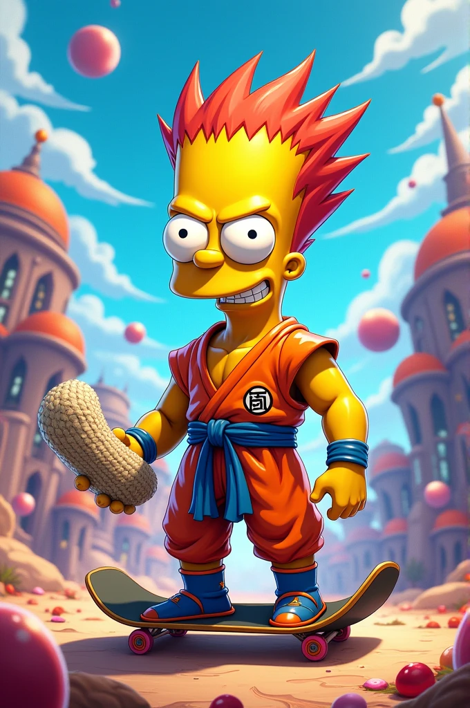 Create me an image of Bart Simpson fused with Spongebob fused with Goku fused with Pops fused with a sock fused with Fortnite