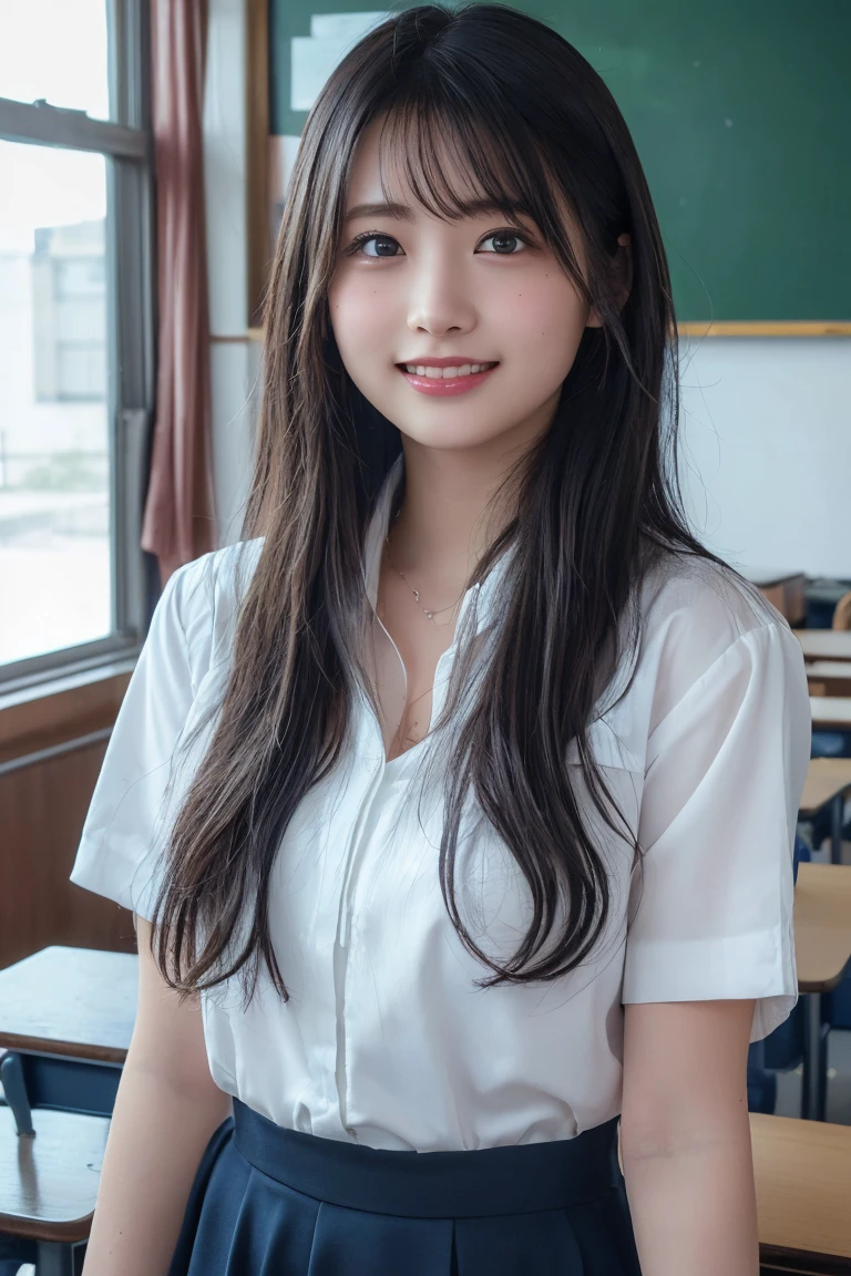 (Highest quality:1.4),(masterpiece:1.4),(Realistic:1.4),(Realistic:1.2),(超High resolution, RAW Photos:1.4),(High resolution, Very detailed:1.2),(8k:1.2),High school girl in classroom、Smiling、Black Hair、Medium Hair、Big eyes、Pink Lips、model、Well-proportioned physique