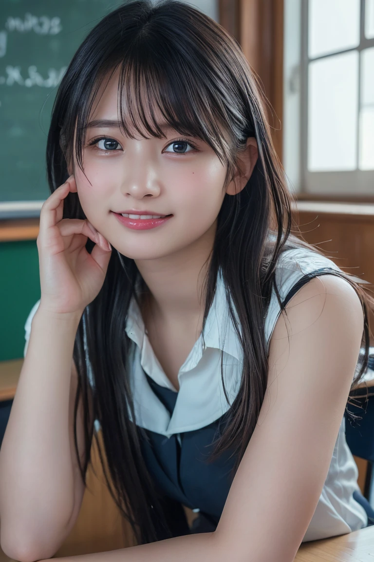 (Highest quality:1.4),(masterpiece:1.4),(Realistic:1.4),(Realistic:1.2),(超High resolution, RAW Photos:1.4),(High resolution, Very detailed:1.2),(8k:1.2),High school girl in classroom、Smiling、Black Hair、Medium Hair、Big eyes、Pink Lips、model、Well-proportioned physique
