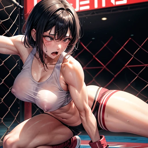 a japanese female fighter is beated down in the octagon fighting ring of underground arena with audience. she is glaring at the opponent. She has the will to fight. A bloodied and bruised female fighter is trying to stand from down. She is cornered against the cage of octagon and has a lot of punches from the male fighter. she has big pain. she is damaged terribry. Short-cut black hair, out of breath, drooling from mouth, exhausted, drenched in sweat. Erect nipples, open finger glove, Whittled waistline, muscular, six-pack abs, Ragged white and pink lined sports bra, high leg panty, Stockings. armwarmers.