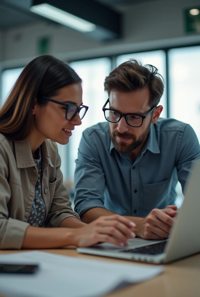 A two person discuss a project in office sitting in a table with laptops with closeup image and eyes on their laptop

