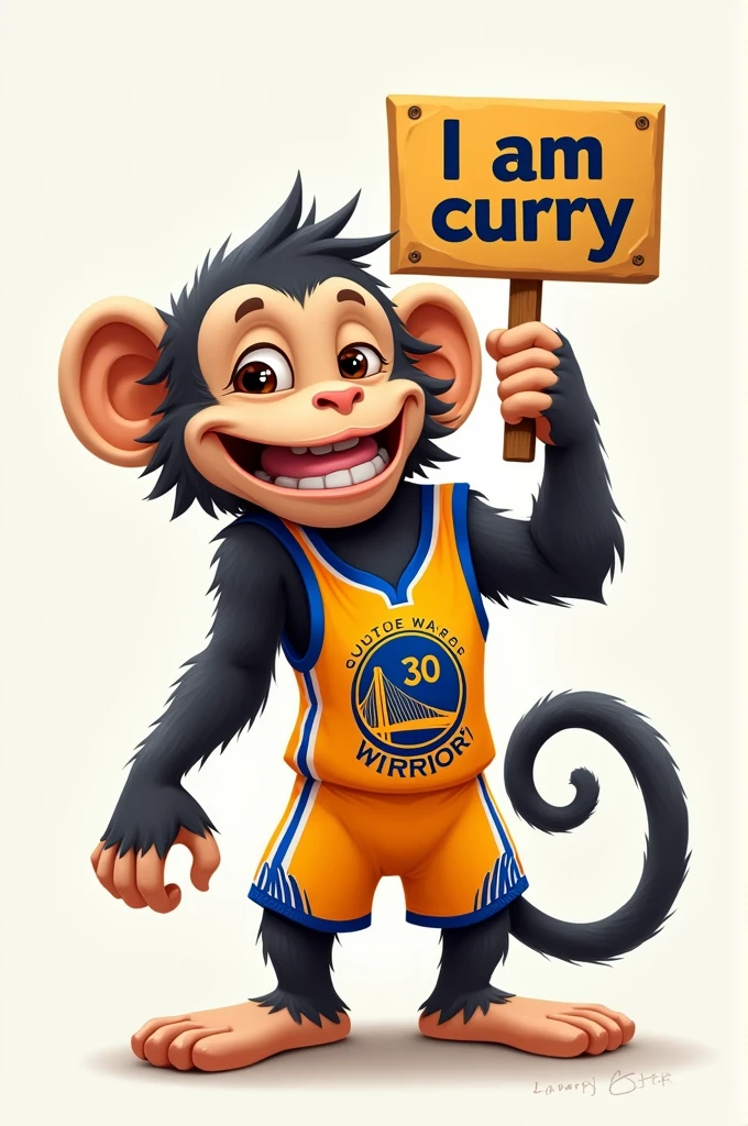 Monkey with sign saying I am curry, com camisa do curry NBA, with a face similar to the player curry