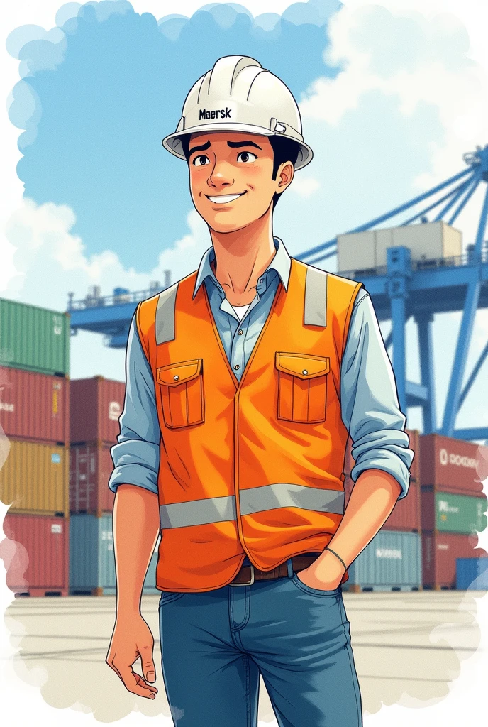 Hello, I want a picture of an International Business man, tender, smiling, Without beard, without glasses, from Studio Ghibli, watercolor sketch, in the background that has the DP WORLD Callao port, and that has MAERSK containers, that has a white helmet, orange safety vest and jeans, that the image is up to the knee