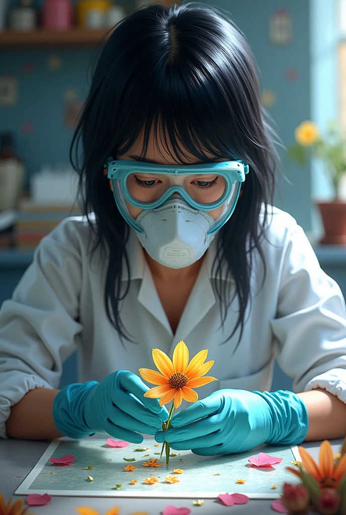 Resin artist with black hair wearing a chemical mask and gloves
Making a flower presevation