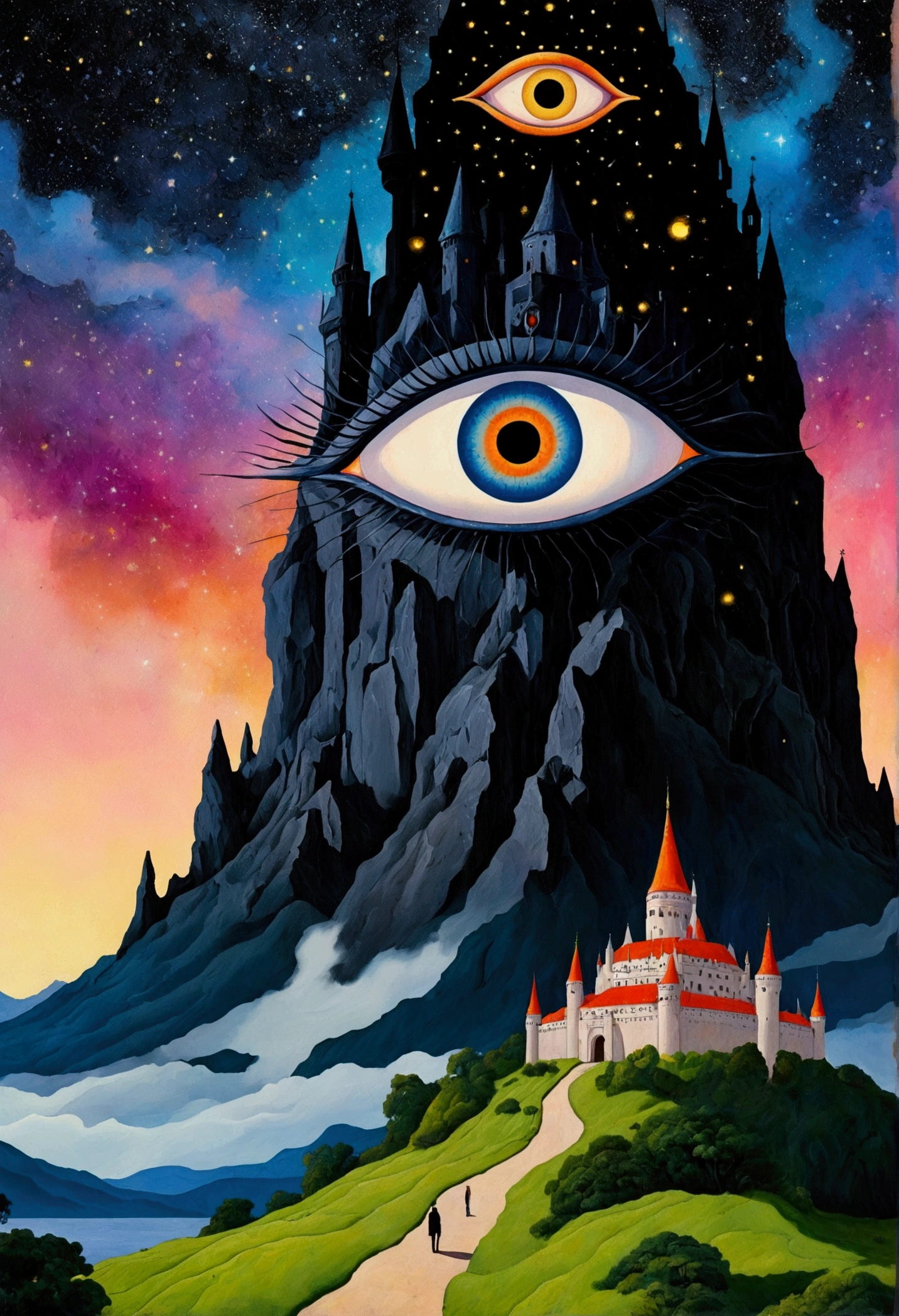 There is a big eye in the painting,There is a castle in the background, Colorful black,Starry Sky,Surrealism inspired by Nagai Hiroshi, Winner of the Behance competition, Minimalism, Portrait of a mysterious giant eye, All-Seeing Eye, Third Eye Vision, Fred Tomaselli, Paul Lafley, Fantasy painting, Mysterious eyes, The Third Eye, Highly detailed fantasy art, Mysterious Eye