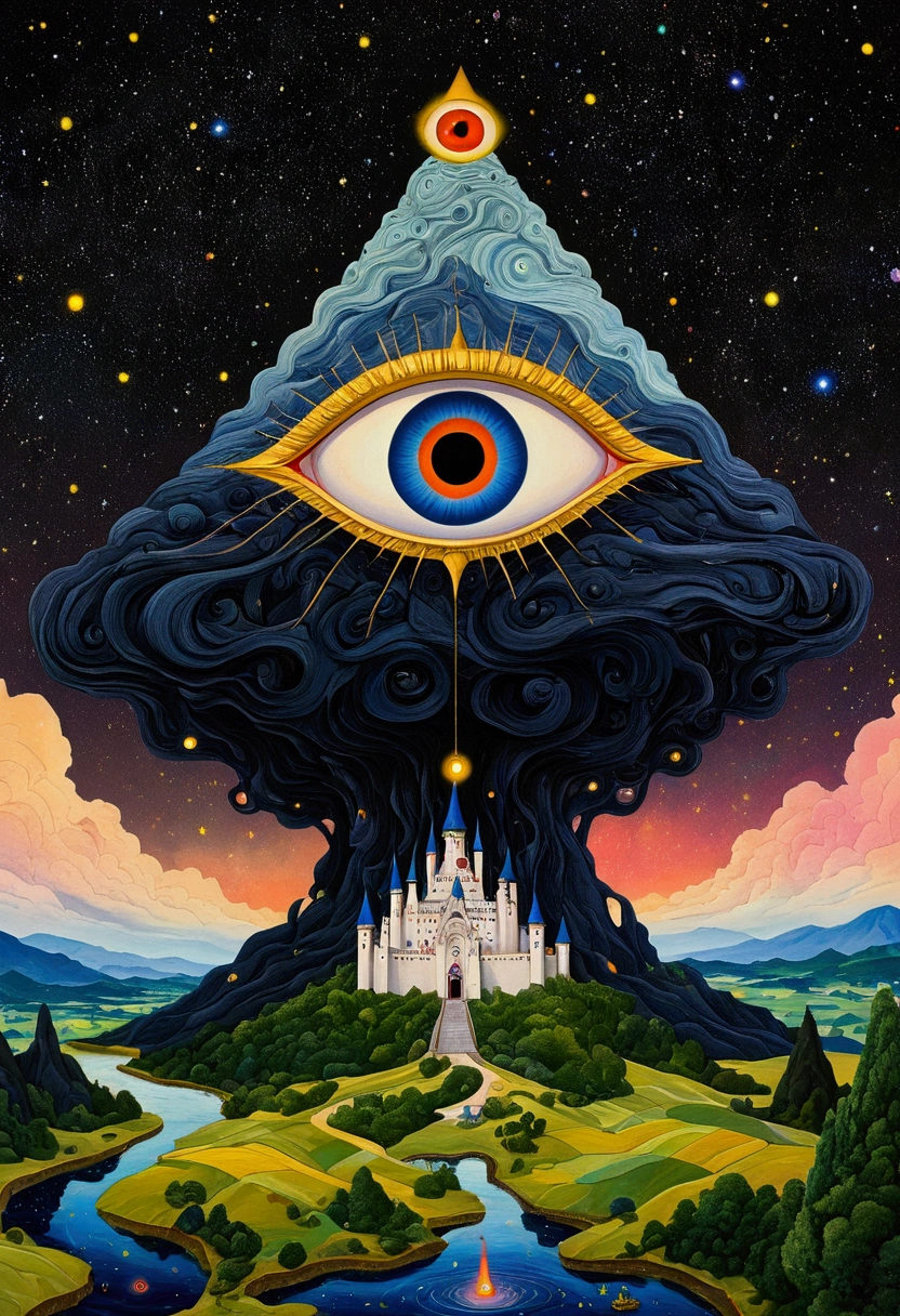 There is a big eye in the painting,There is a castle in the background, Colorful black,Starry Sky,Surrealism inspired by Nagai Hiroshi, Winner of the Behance competition, Minimalism, Portrait of a mysterious giant eye, All-Seeing Eye, Third Eye Vision, Fred Tomaselli, Paul Lafley, Fantasy painting, Mysterious eyes, The Third Eye, Highly detailed fantasy art, Mysterious Eye