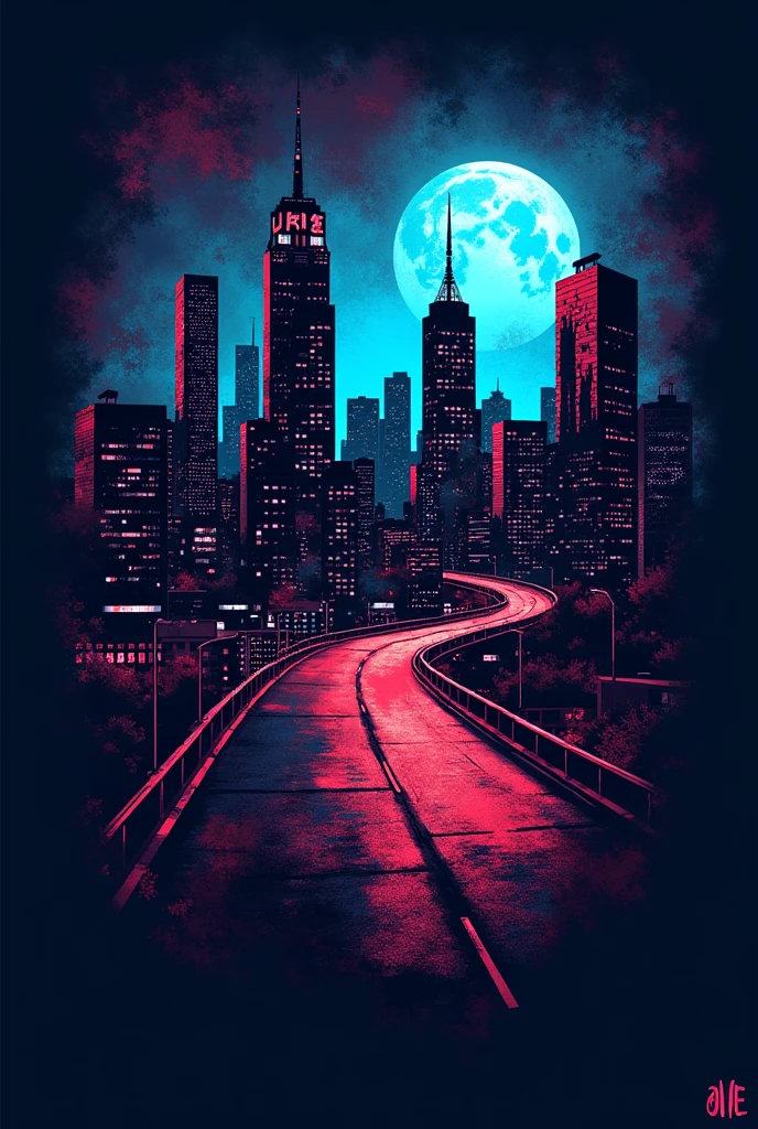 Create an urban-themed T-shirt featuring a city skyline at night. Use a dark color palette with bright, neon accents to represent lights and city life. Add graffiti-style text or abstract shapes to give the design an edgy, contemporary feel. The overall look should be bold and dynamic, perfect for streetwear fashion."