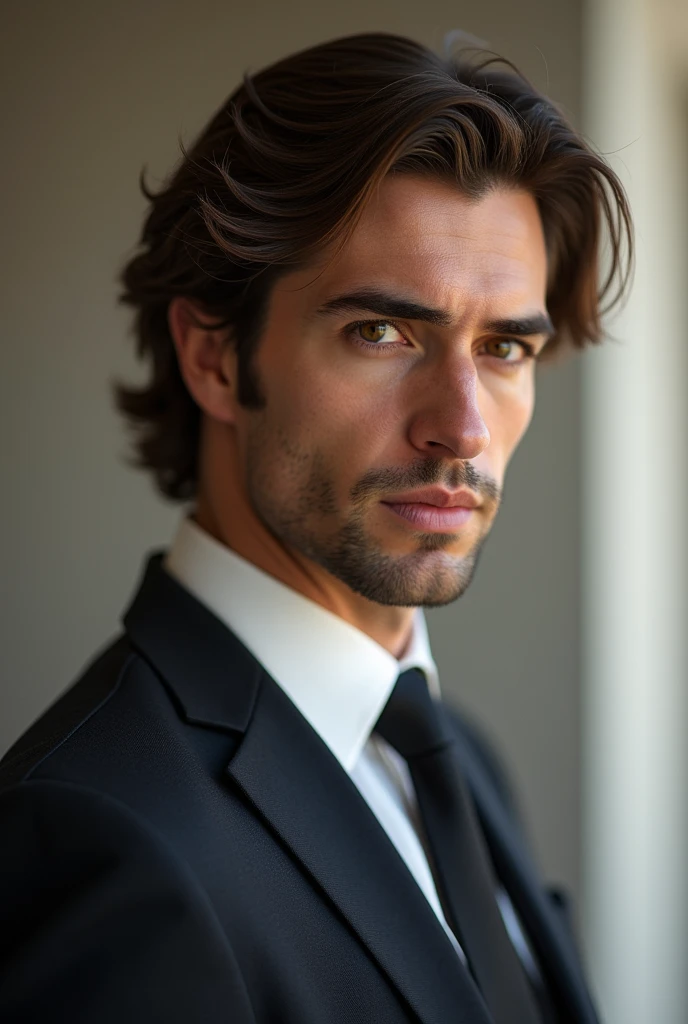 1 guy, brown wavy hair, Hazelnut eyes, in suit