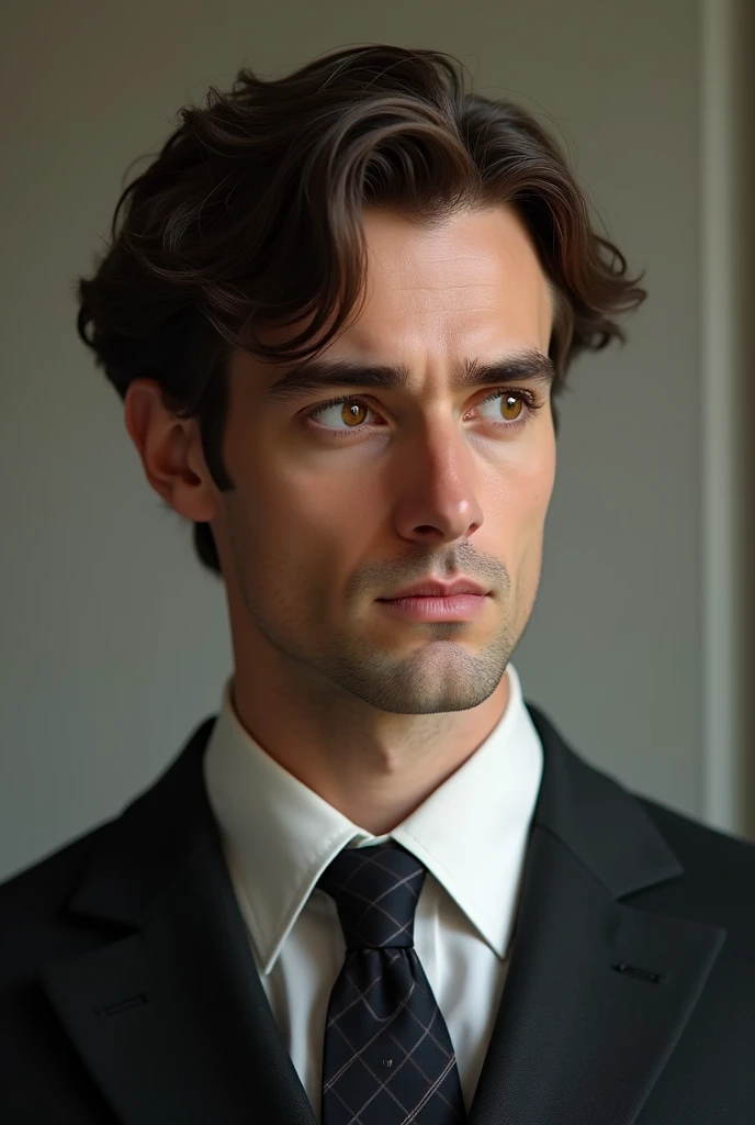 1 guy, brown wavy hair, Hazelnut eyes, in suit