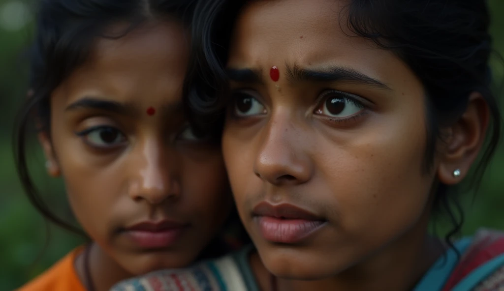 A close-up of Savita and Rahul’s male faces as they listen to the neighbor’s dire warning, their expressions turning from confusion to fear