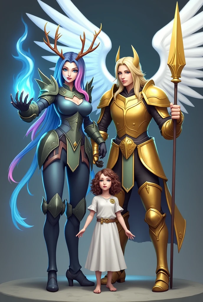 A woman wearing blue armor that covers her body with green details,Her armor is not sexy and she has blue hair and the tips of her hair are pink, she has deer antlers, one eye is blue and the other is brown, She has green feathered wings and a lion's tail, Her hands have long black nails and she releases blue fire. Next to her is a man with long blond hair and yellow armor with gold details., He has white wings, he holds a golden spear. In the middle of it is one with brown curly hair. She wears a white dress and has no pupils., she is the shortest