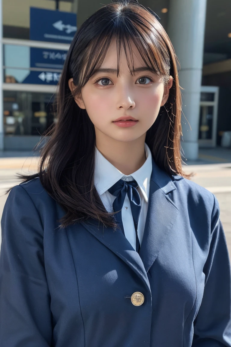 Highest quality, masterpiece, 8k, Ultra-high resolution, (Realistic: 1.4), 1 person, Beautiful Face, Symmetrical eyes, big, Perfect Body Proportions, Stewardess Uniform, Audience&#39;vision, (Inside the plane: 1.2), Front view, Shoulder jumps, Absolute area (1.3),

