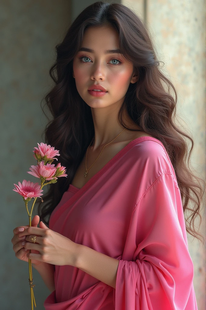 Women with head scarf, blue eyes, red cheeks, pink saree, long curly hairs, flower in hands