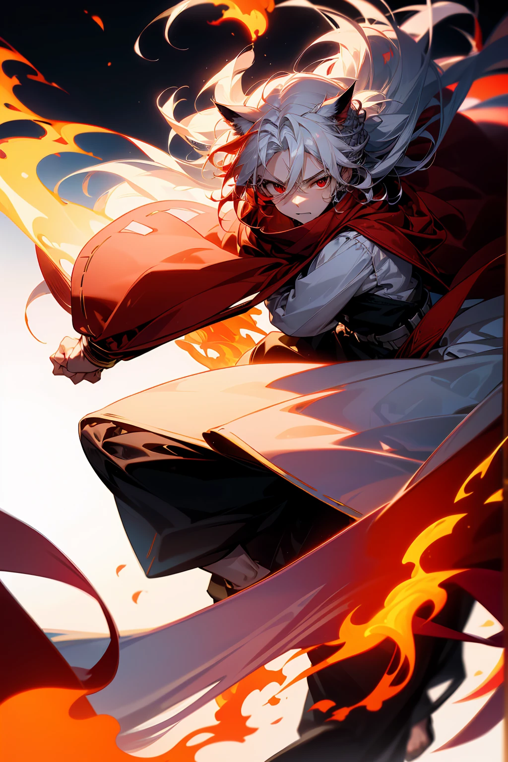 1male, Adult, Long White Hair, White Baggy Long Sleeve Shirt, Baggy Black Pants, Red Eyes, Red Scarf, Earring, Masculine, Dog Ears, Surrounded By Flames, Single Hair Braid