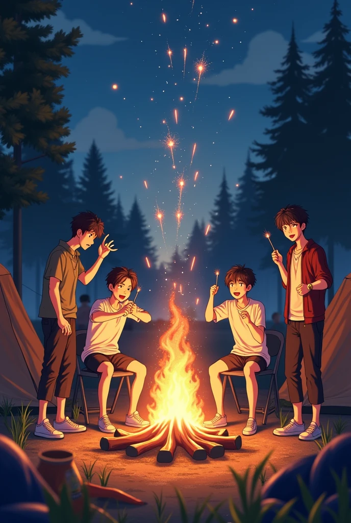 20th Generation　Male Group　Japanese　Hand-held fireworks　camp site　many people　
