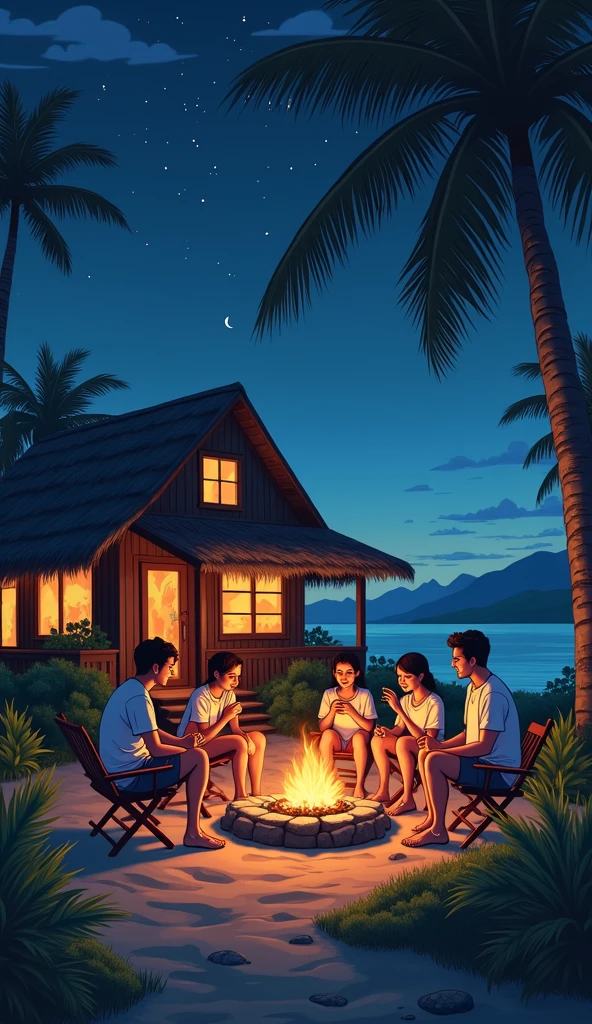 anime Illustration of Hawaii, a very cozy native Hawaiian home with firecamp outside the house a group of friends sitting in the camp fire with moon and laughing. evenings cozy vibe stars in the sky ,Hawaii , illustration , reteo comic illustration moody, melancholic, vibrant color, detailed, akira --ar 16-9 --niji 6