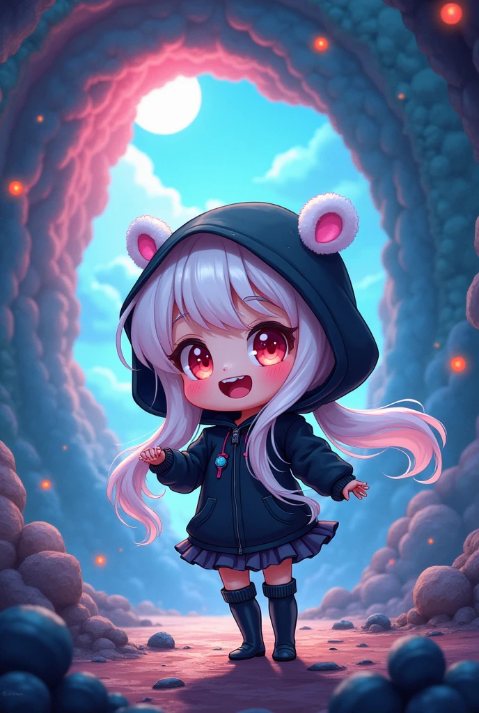 Chibi,cute,간단한 ship경,1 woman, alone,  looking for_~to_viewer, open_mouth,, long_Sleeve, jacket, saturated_body, White_pigtails, Boots, Hood, Chibi, Black color_footwear, Black color_jacket, blue_eye,  colo red_skin, Hooded_jacket, Cloak, Abyss_ship, performance, Hood_consolation, White_skin, 곰 White 귀,Fairy Wings