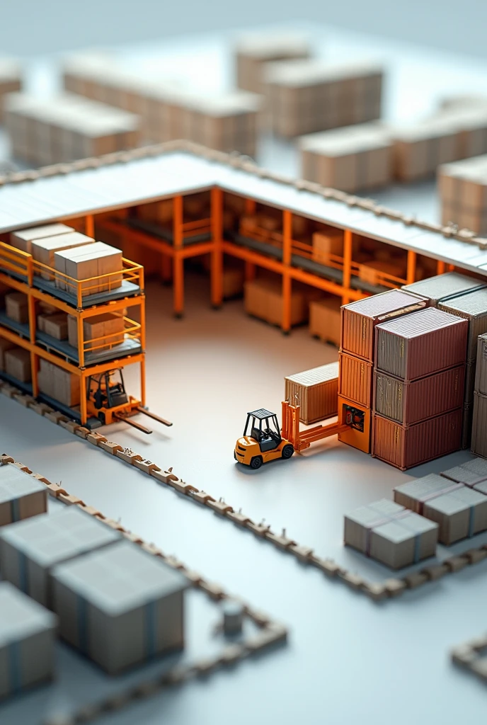 Model of a mock-up with a top view with an open flow configuration with space for cross-docking with normal shelving, Floor storage and cantilever racking that includes the use of forklifts that have a south-facing reception door and a west-facing dispatch door. Type of dynamic storage system with exterior space for a container yard (at least 10)