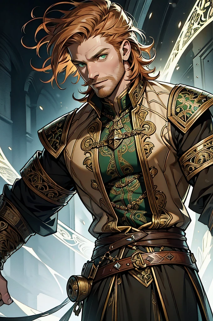 (masterpiece)，(Very detailed)，(Very detailed)，(best quality), perfect lighting,  fantasy man, 40 years old, solo ((short messy ginger hair)), tall, stunning, beautifull face, green eyes, fantasy clothing, animated style, perfect face, highest detail, stubble, detailed face, intricate details, determination