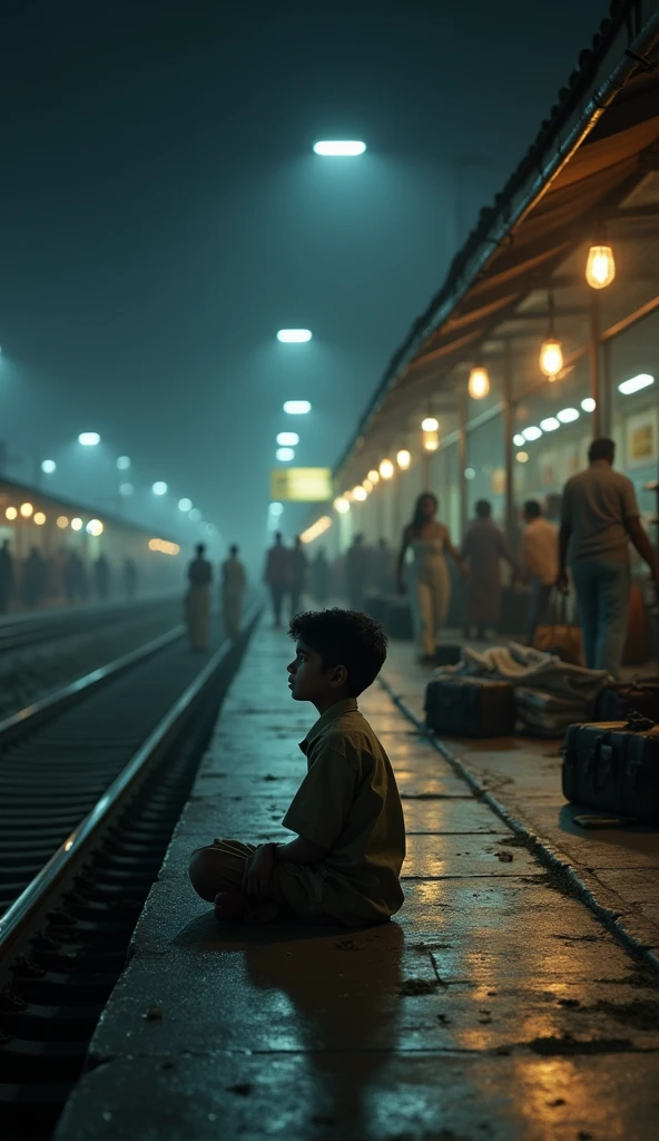Indian boy sitting Railway Station night scene