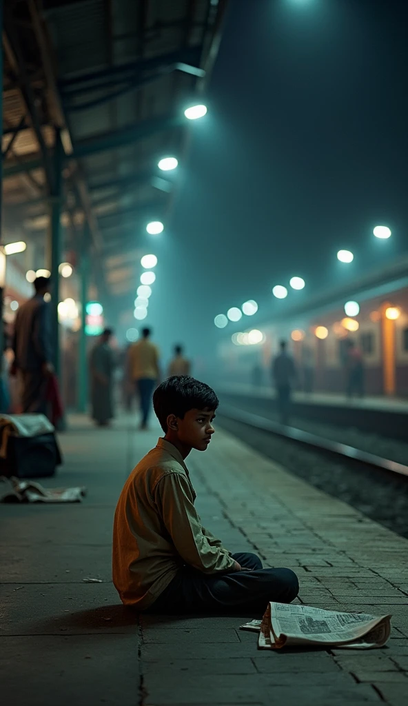 Indian boy sitting Railway Station night scene