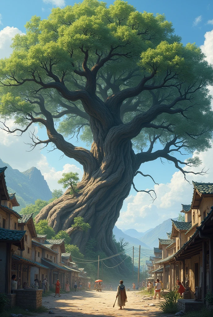 A majestic tree in the middle of the village and has deep root, struggling in the strong wind , it's branches are swaying here and there,