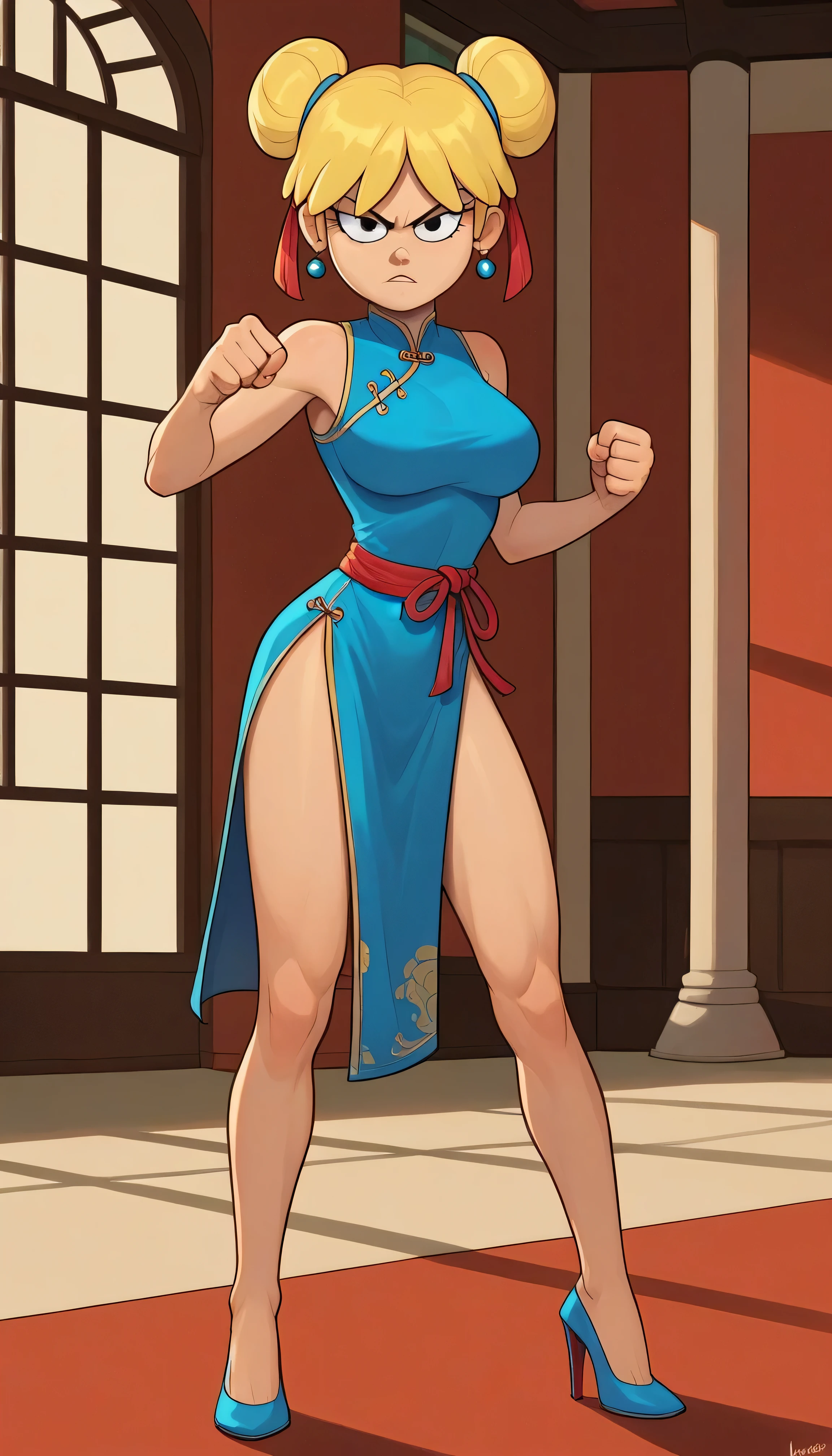 lori loud, 1girl, solo, 24yo girl, blue cheongsam,  inside of a chinese style temple, large breasts, looking at viewer, blonde hair, short hair, two hair buns , hands  score_9, score_8_up, score_7_up, high heels,teep fighting stance,martial arts