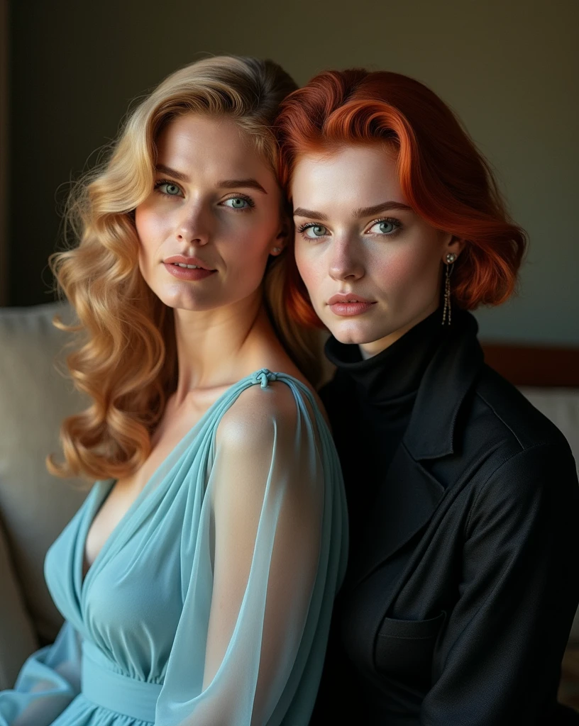 Two beautiful women sitting side by side, appearing to pose for a photograph. On the left is a young version of actress Grace Kelly. Grace has wavy, light strawberry blonde hair styled in soft waves, wearing a modest, sky blue chiffon dress that radiates elegance. On the right is actress Emma Myers. Emma has short, dark red hair with a slightly tousled look, dressed in black alt clothing that exudes a sense of edge and grunge. The women are positioned close together, creating a striking contrast between Grace's classic refinement and Emma's modern, rebellious style.