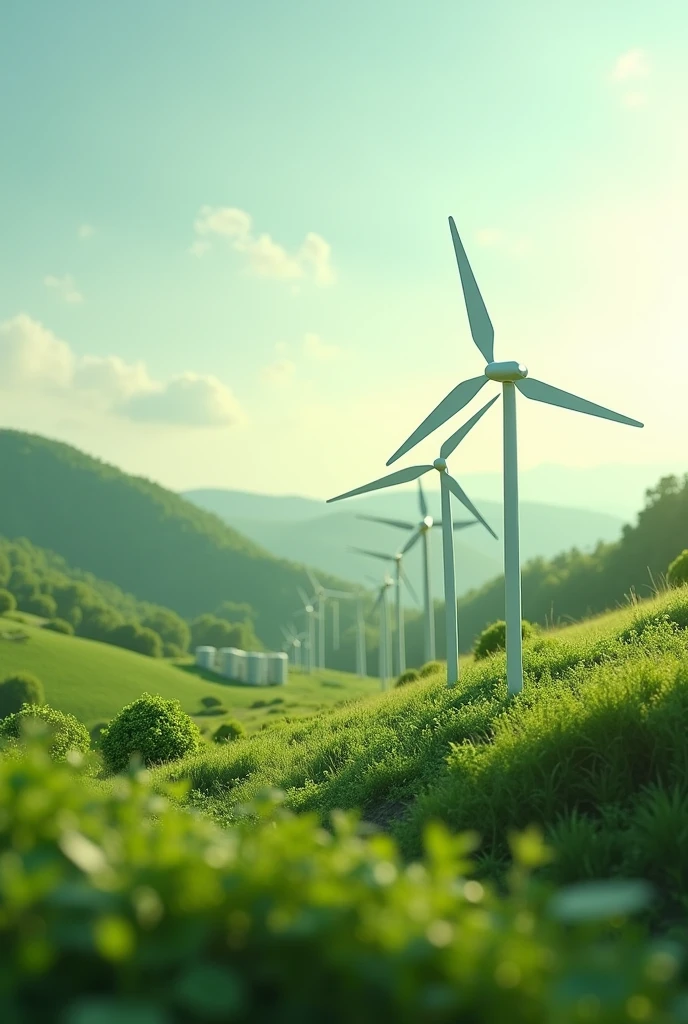 Generate an image with landscape aspect ratio 16:09 that symbolizes renewable energy and contains small pickets, symbolizing biomass, solar and wind energy, and biodigester symbolizing biogas