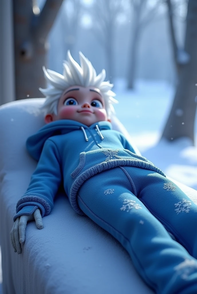 Jack Frost from Rise of the Guardians getting a back massage. With that same outfit but as an adult. In addition, but face down and the angle from his feet