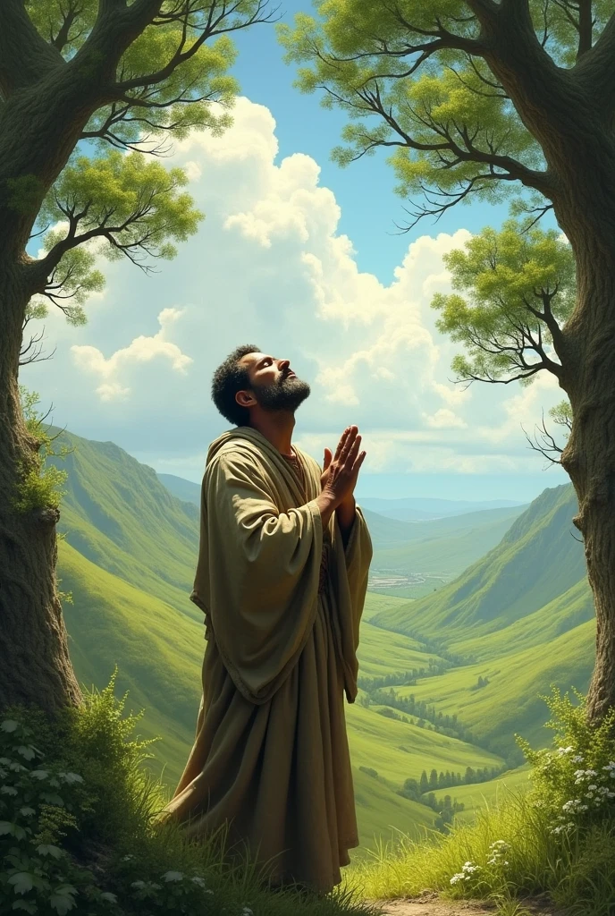 A man standing under the sky praying. There is a green valley and trees behind . This matter is 100 years ago.