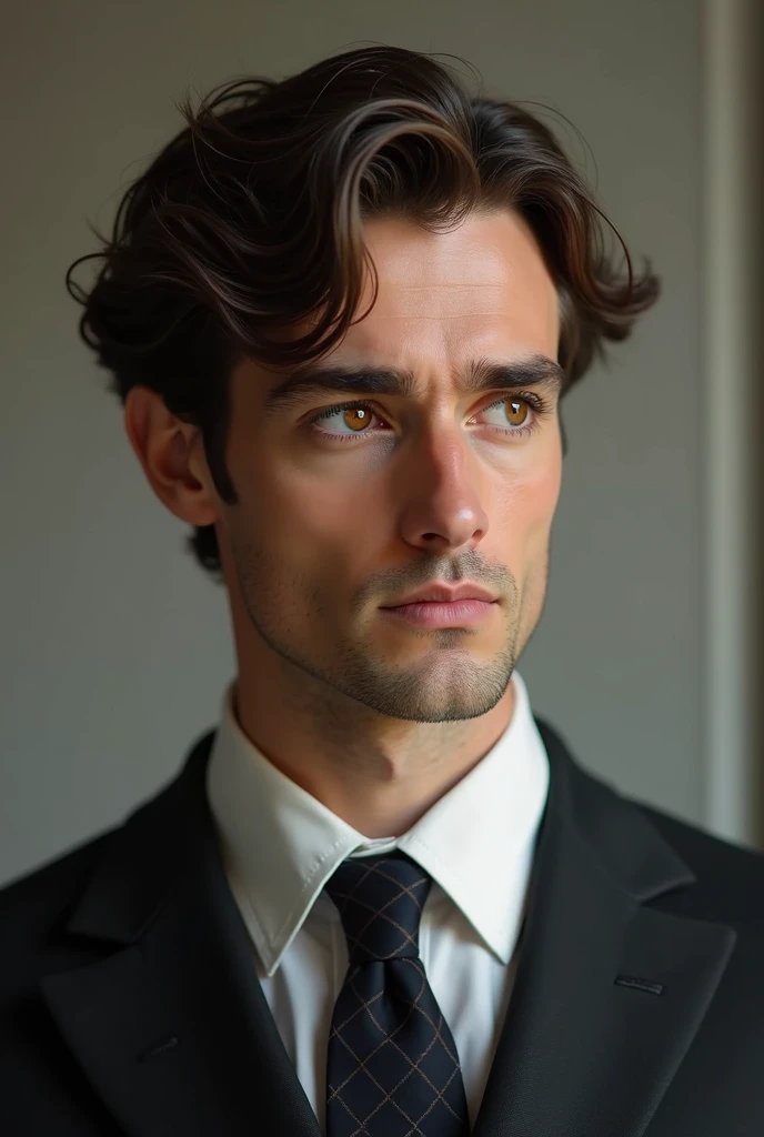 1 guy, brown wavy hair, Hazelnut eyes, in suit