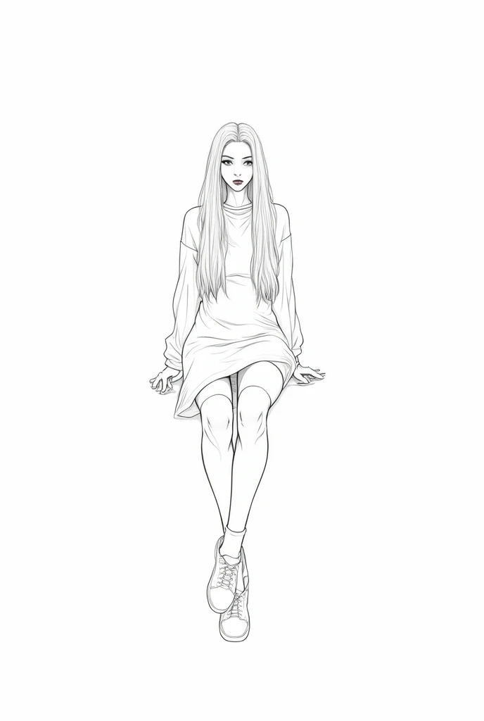 Lineart image of a girl sitting in the middle of a blank background Wearing high socks long white hair, white skin, white clothes, white shoes, white background line art.No colors thick thighs thick  facing forward Apply facing down prespective a hot sitting position licking her lips 