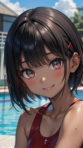 Black Hair、Very Short Hair、Light grey eyes、(Tanned brown skin)、((Dark Skin))、Flat Chest、thin、small、(Primary school students)、(Red bangs hairpin)、((White competitive swimsuit))、Outdoor,Pool、swimming、(((smile)))、(Wet body)