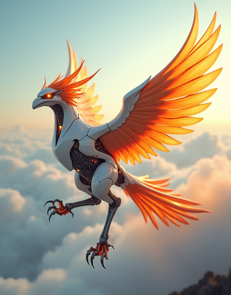 a phoenix robot made from white metal, soaring on the sky in high speed, cinematic lighting, spreading the wings and gliding, glowing orange eyes, steel orange wings, steel orange tails, iron claw, vivid color