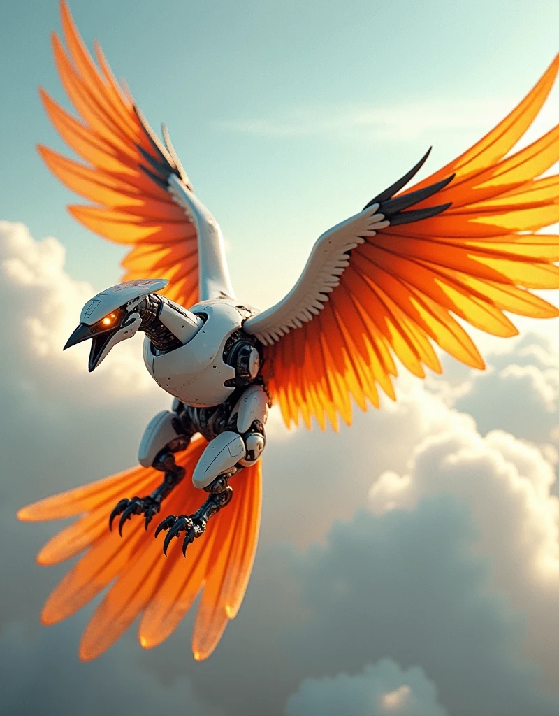a phoenix robot made from white metal, soaring on the sky in high speed, cinematic lighting, spreading the wings and gliding, glowing orange eyes, steel orange wings, steel orange tails, iron claw, vivid color